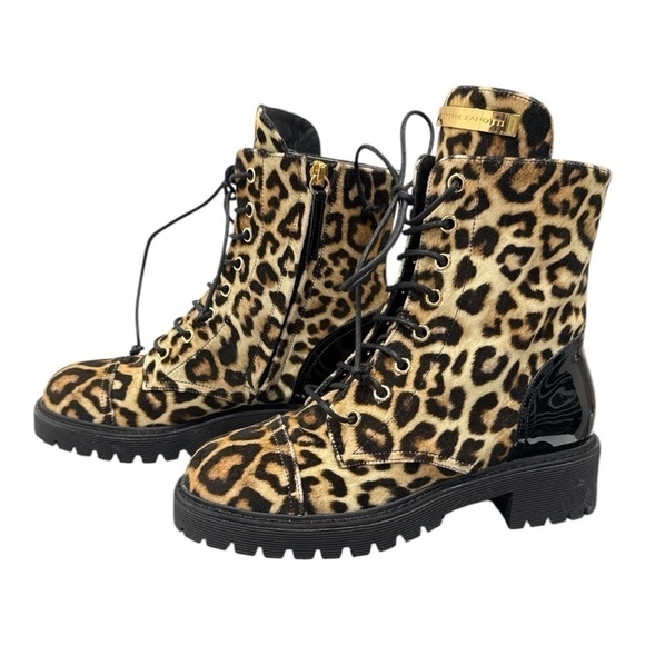 GIUSEPPE ZANOTTI Womens Brown Leopard Print Up Toe Block Heel Combat Boots 36 - Picture 11 of 12